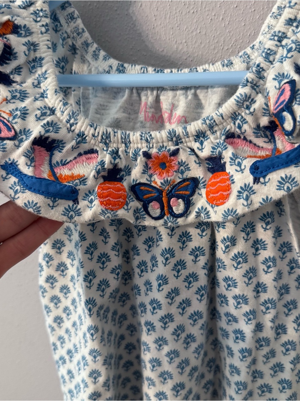 Mini Boden Girls Blue Floral Block Print Embroidered Ruffle Top Butterfly 4-5Y